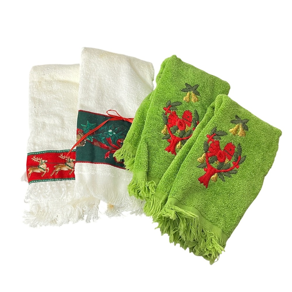 Cannon Hand Towels Green White Vintage Christmas Reindeer Partridge 4pc